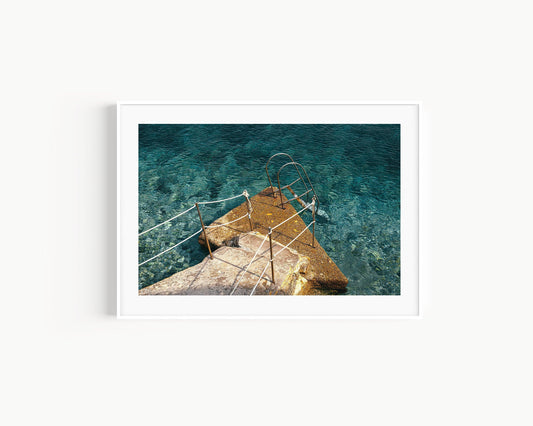 Horizontal photo of a stone ladder and turquoise water in Capri, Italy – coastal Mediterranean print