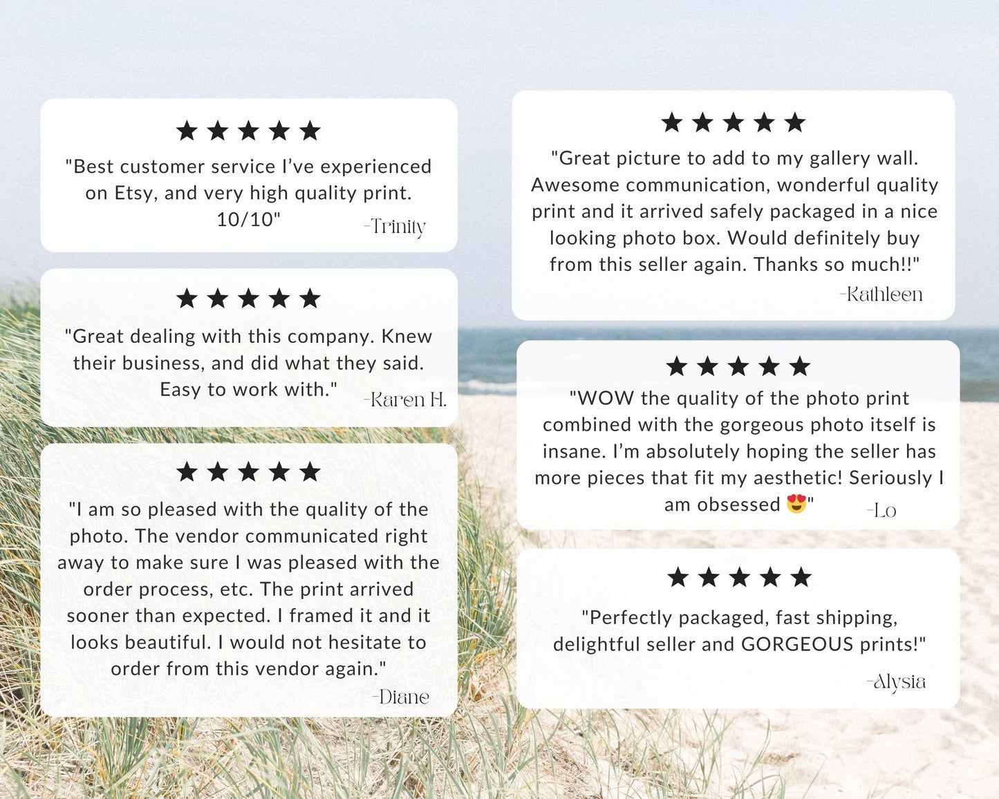 Five star reviews for Departures Print Shop beach photography prints