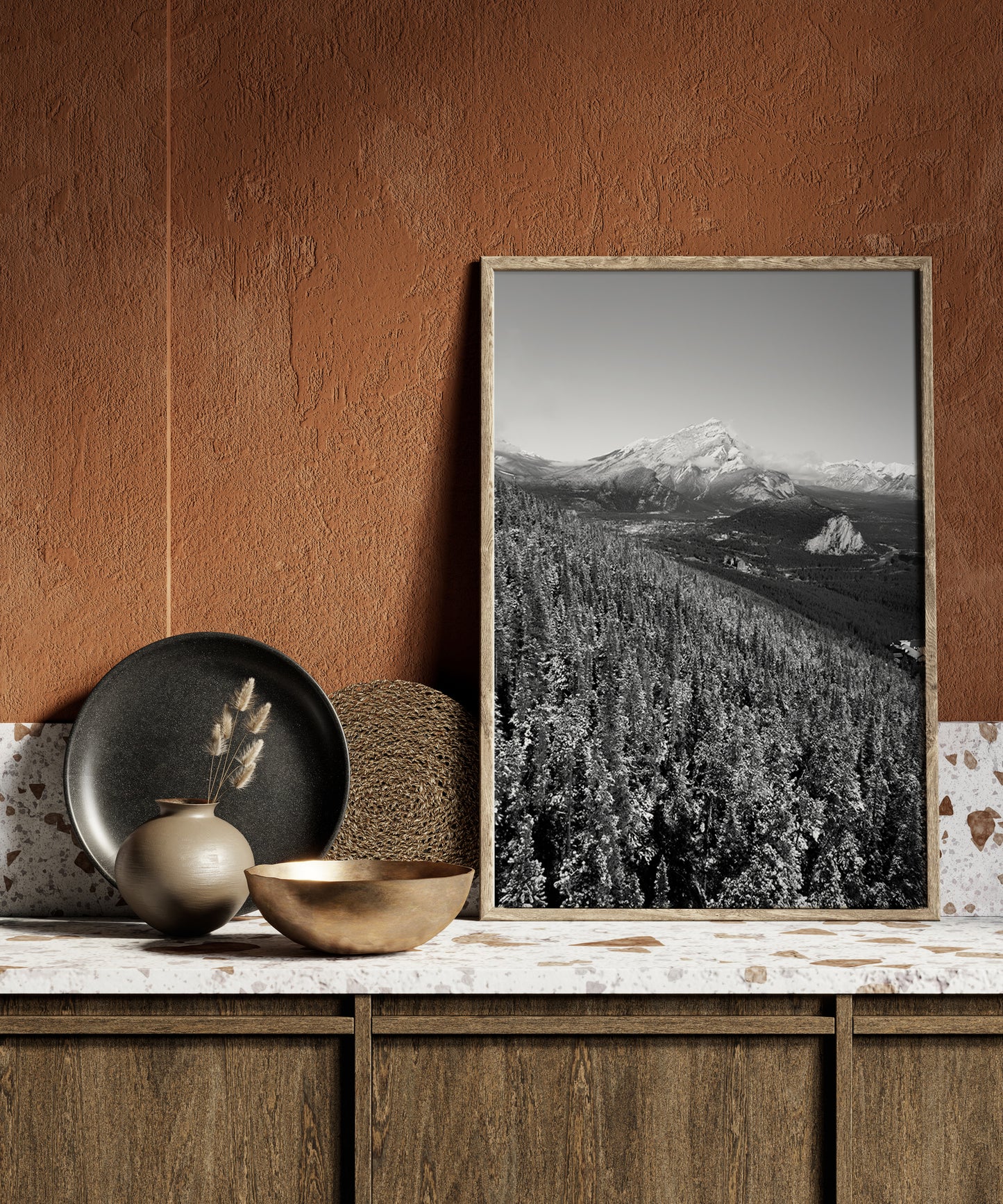Black and white aerial landscape photograph of Banff National Park, featuring pine forest, rugged Canadian Rockies, and a serene mountain view.