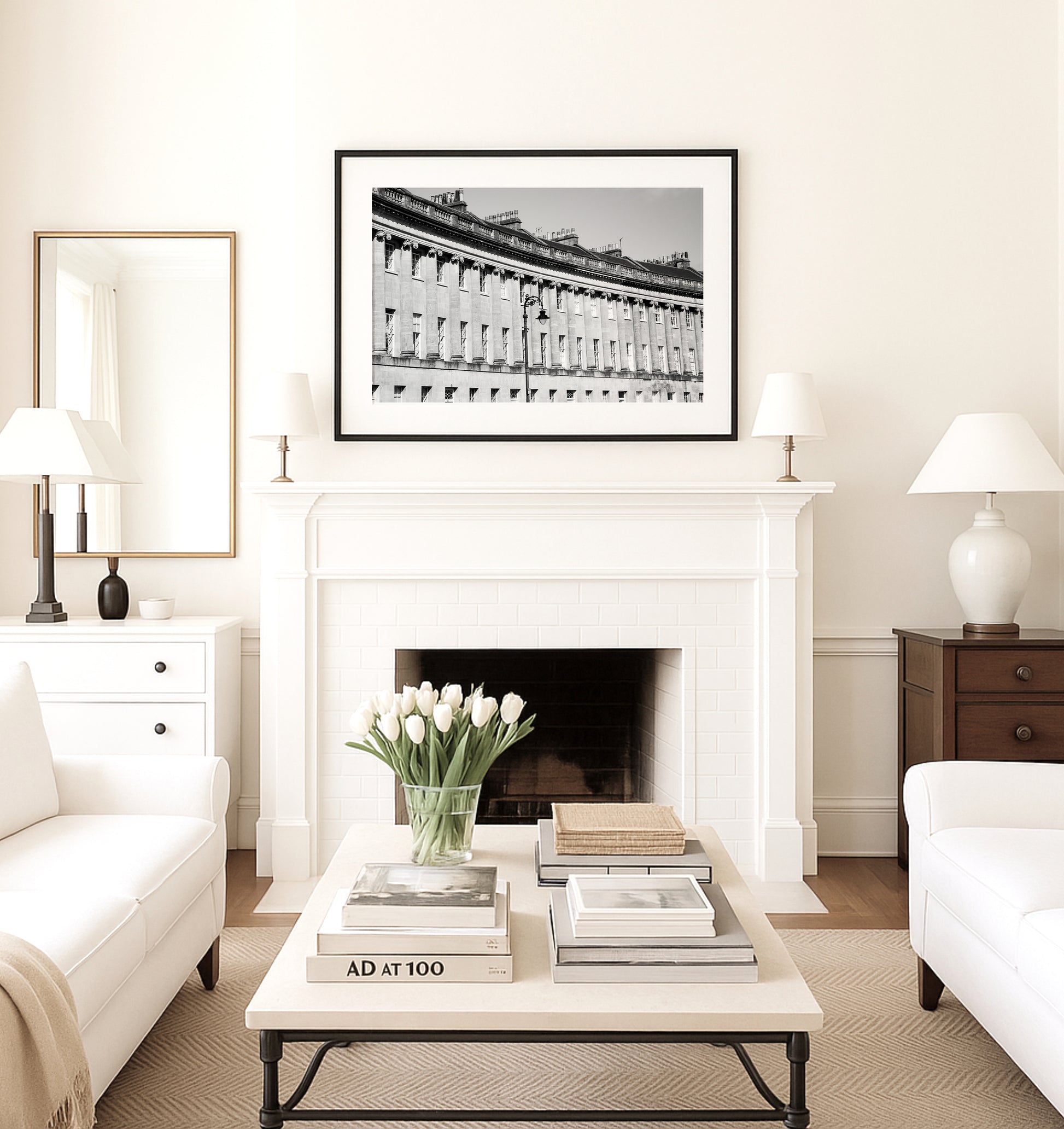 Black and white photo of Royal Crescent in Bath, England, showing curved Georgian facade with columns and chimney stacks