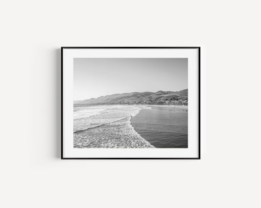 Black and white Santa Monica Beach print featuring soft waves on the shore.