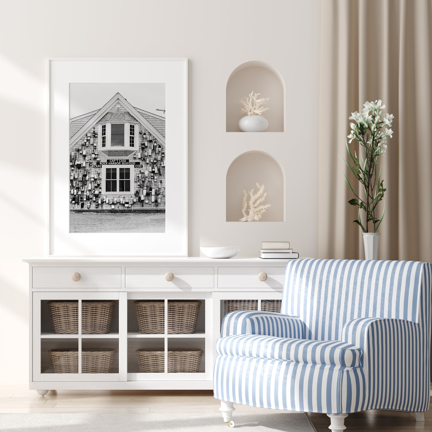 Black and white coastal wall art of Cape Cod seafood shack covered in lobster buoys — perfect for nautical and rustic New England decor.