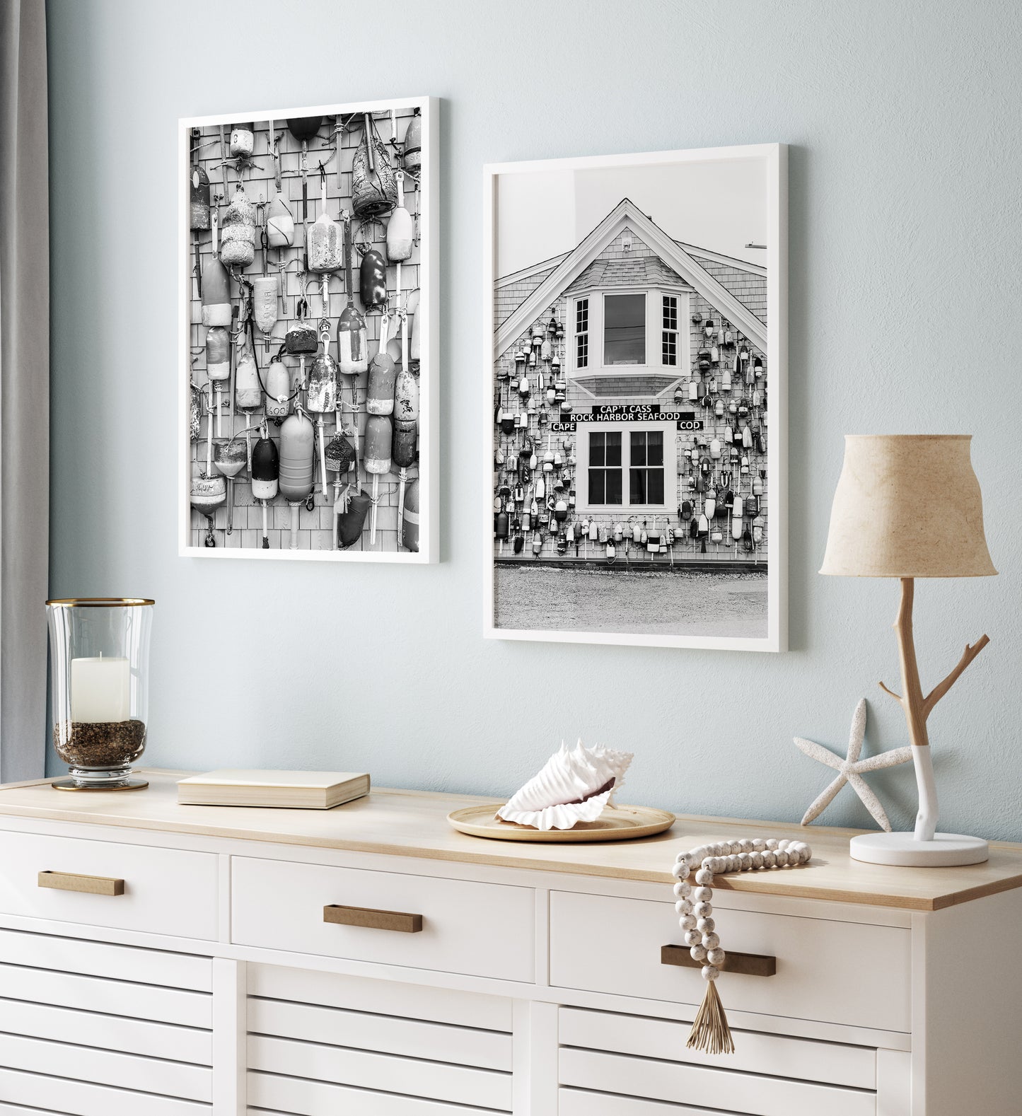 Black and white coastal wall art of Cape Cod seafood shack covered in lobster buoys — perfect for nautical and rustic New England decor.