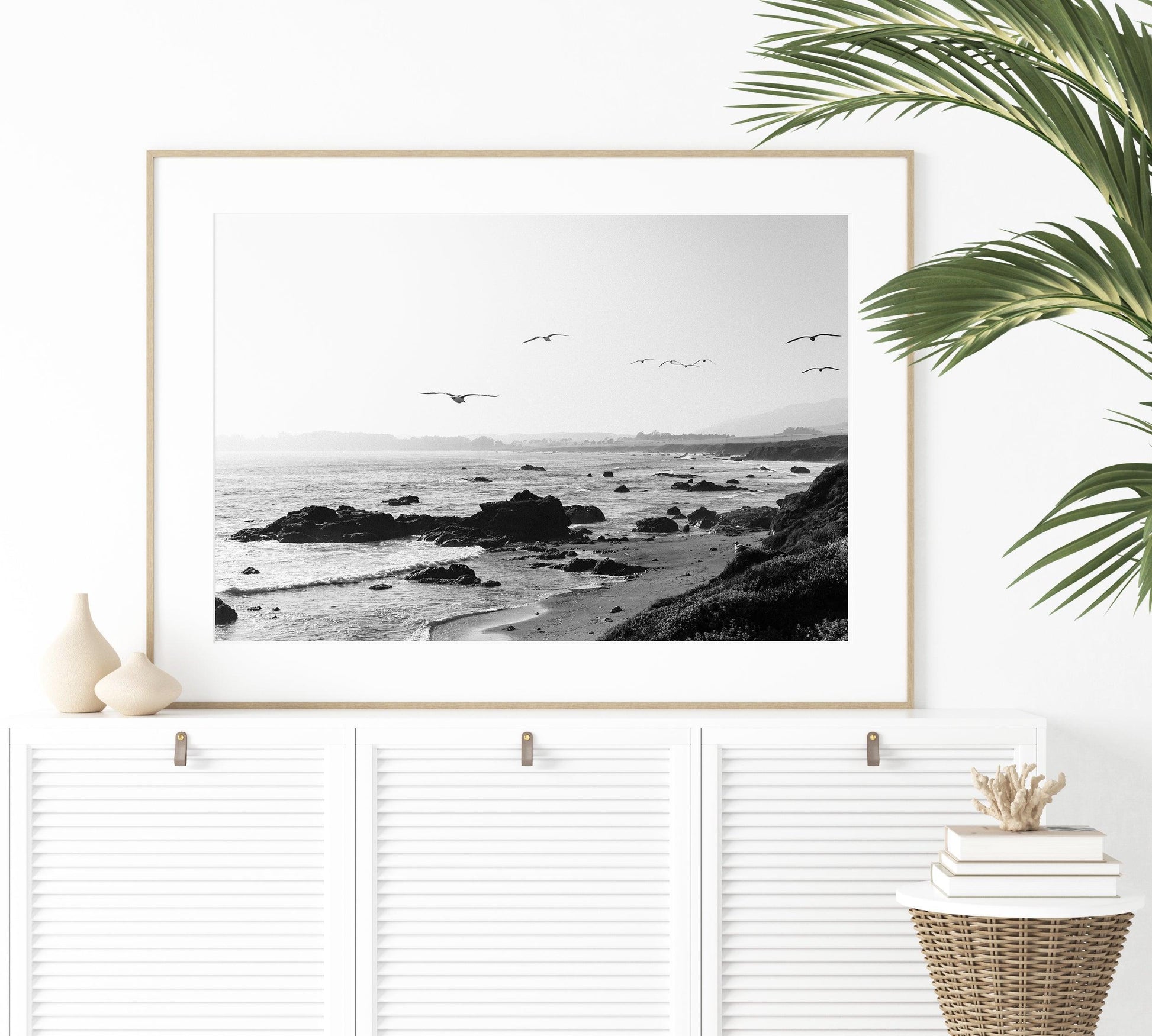 Black and white photo of birds flying over California coast with ocean waves and rocky shoreline