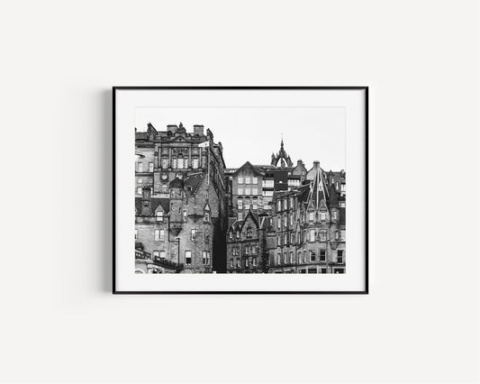 Black and white photo of historic Edinburgh buildings with gabled rooftops and stone facades – horizontal architecture print