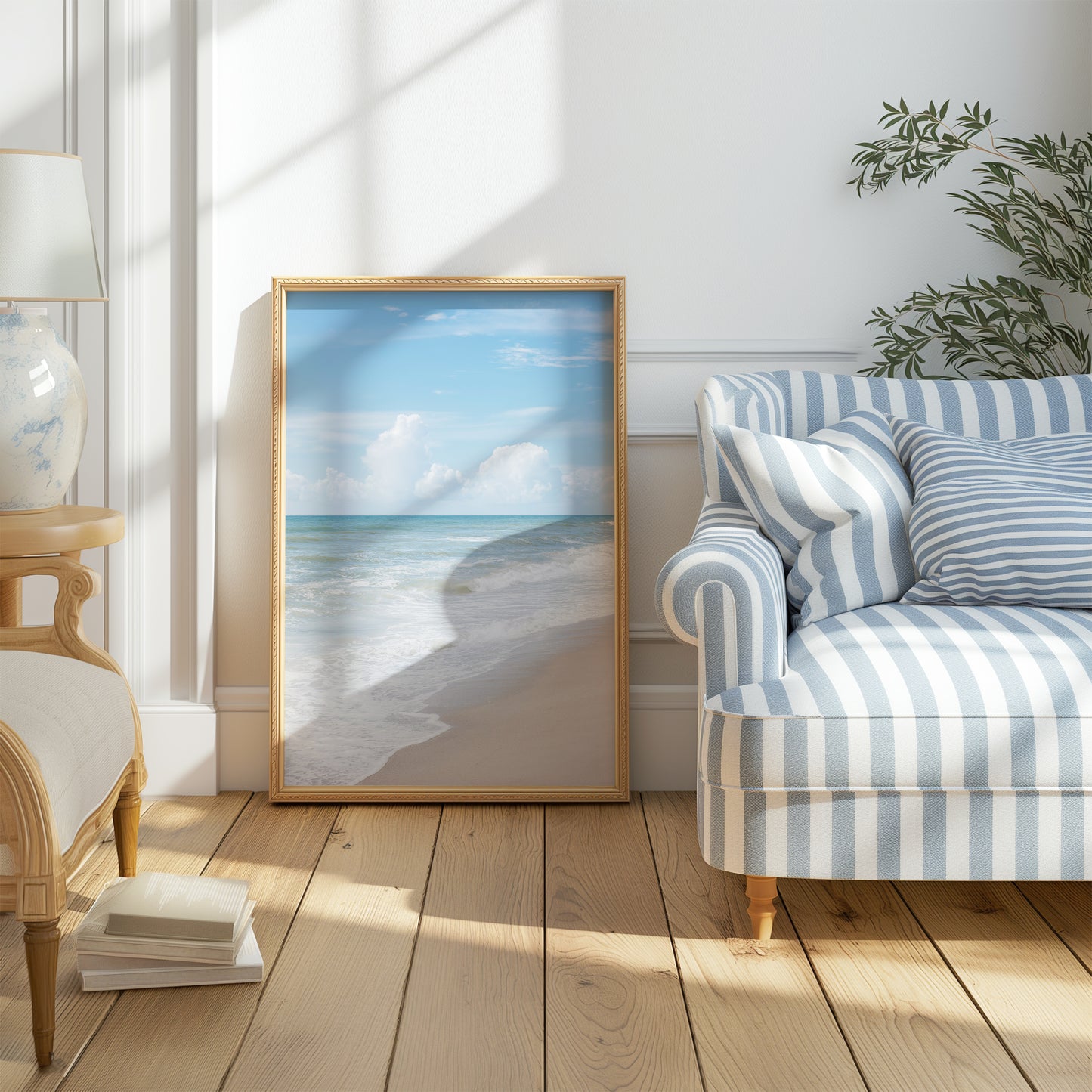 Vertical framed print featuring soft ocean waves and blue sky, photographed at Kure Beach, North Carolina. Ideal for coastal wall decor and minimalist beach interiors.