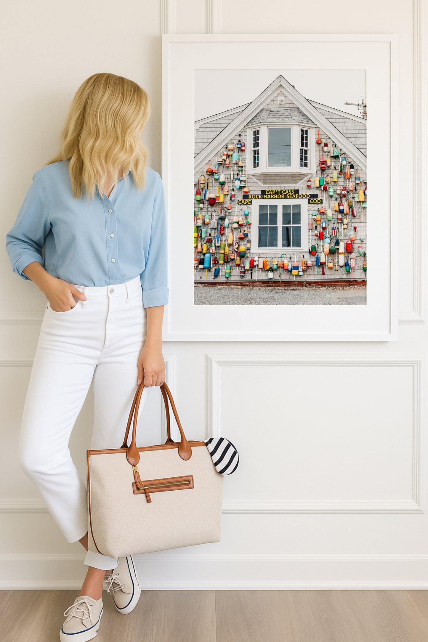 Photograph of a Cape Cod seafood shack covered in colorful fishing buoys, perfect for coastal wall decor and beach cottage interiors