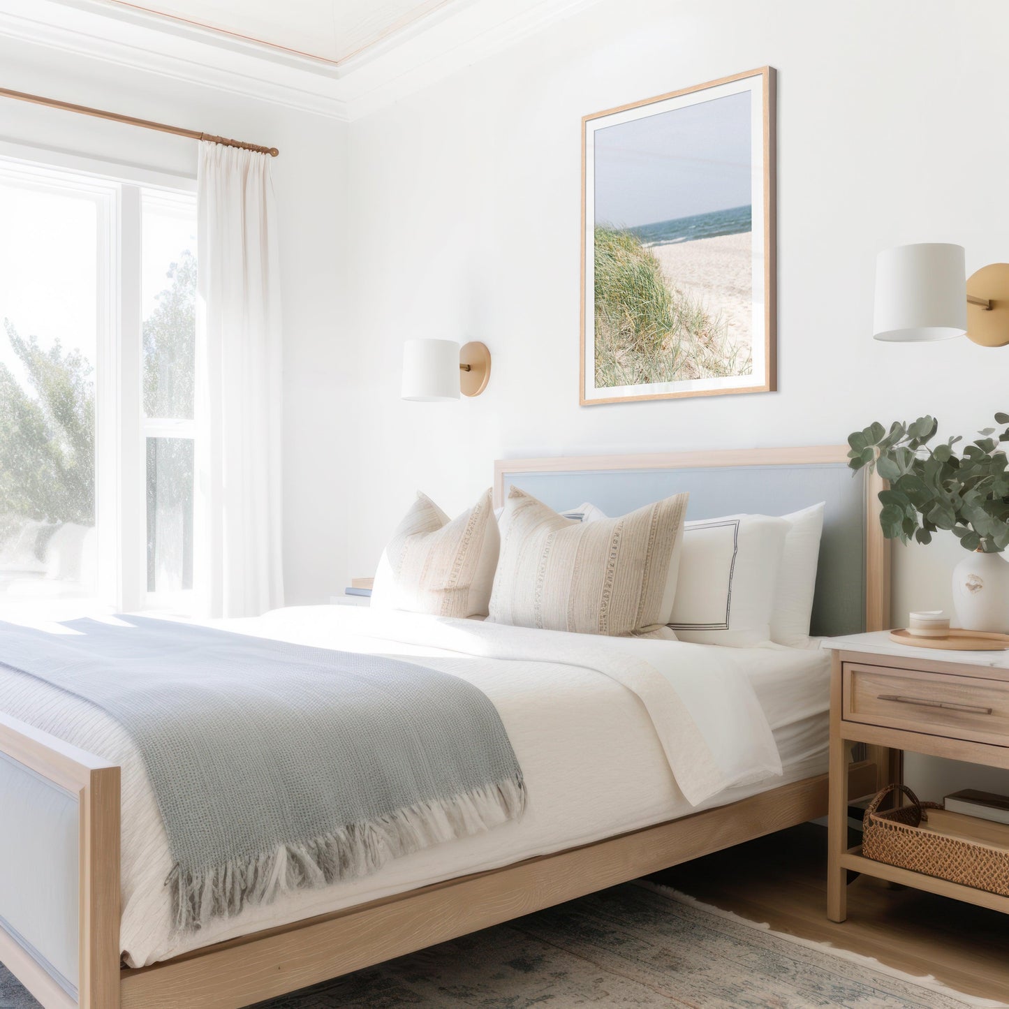 Neutral-toned beach photography of sand dunes and beach grass under a pale sky, evoking a coastal New England feel with a Nantucket aesthetic