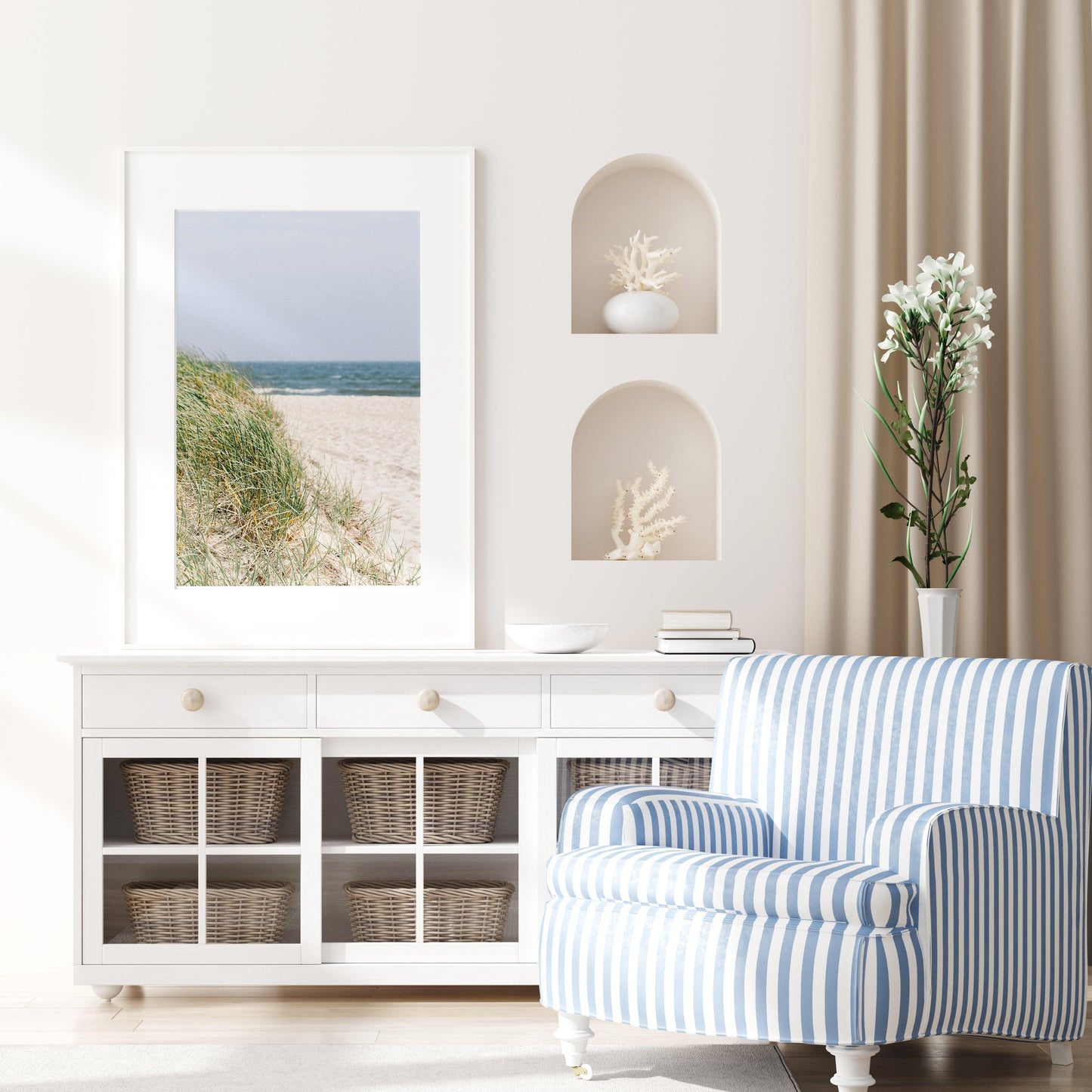 Neutral-toned beach photography of sand dunes and beach grass under a pale sky, evoking a coastal New England feel with a Nantucket aesthetic