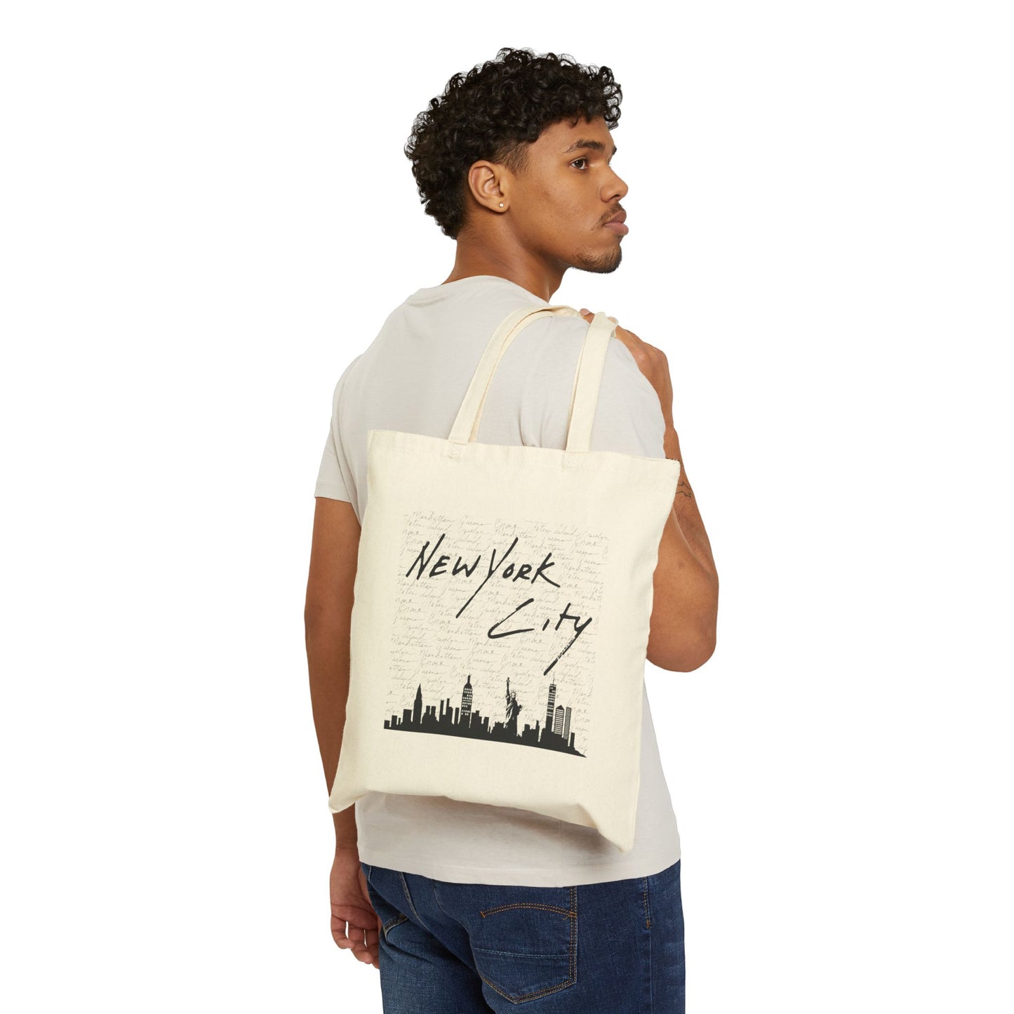 New York City Skyline Cotton Tote Bag — Handwritten NYC Script Travel Shopper