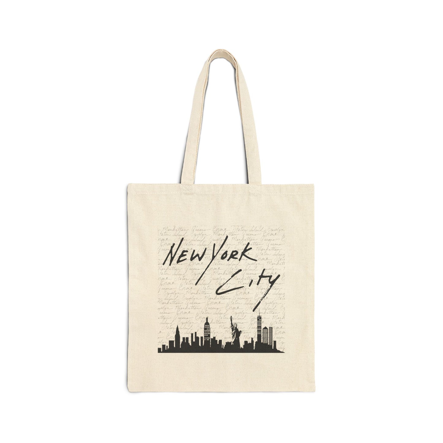 New York City Skyline Cotton Tote Bag — Handwritten NYC Script Travel Shopper