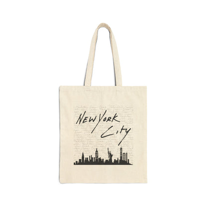 New York City Skyline Cotton Tote Bag — Handwritten NYC Script Travel Shopper