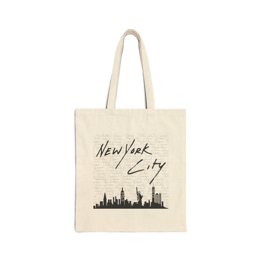 New York City Skyline Cotton Tote Bag — Handwritten NYC Script Travel Shopper