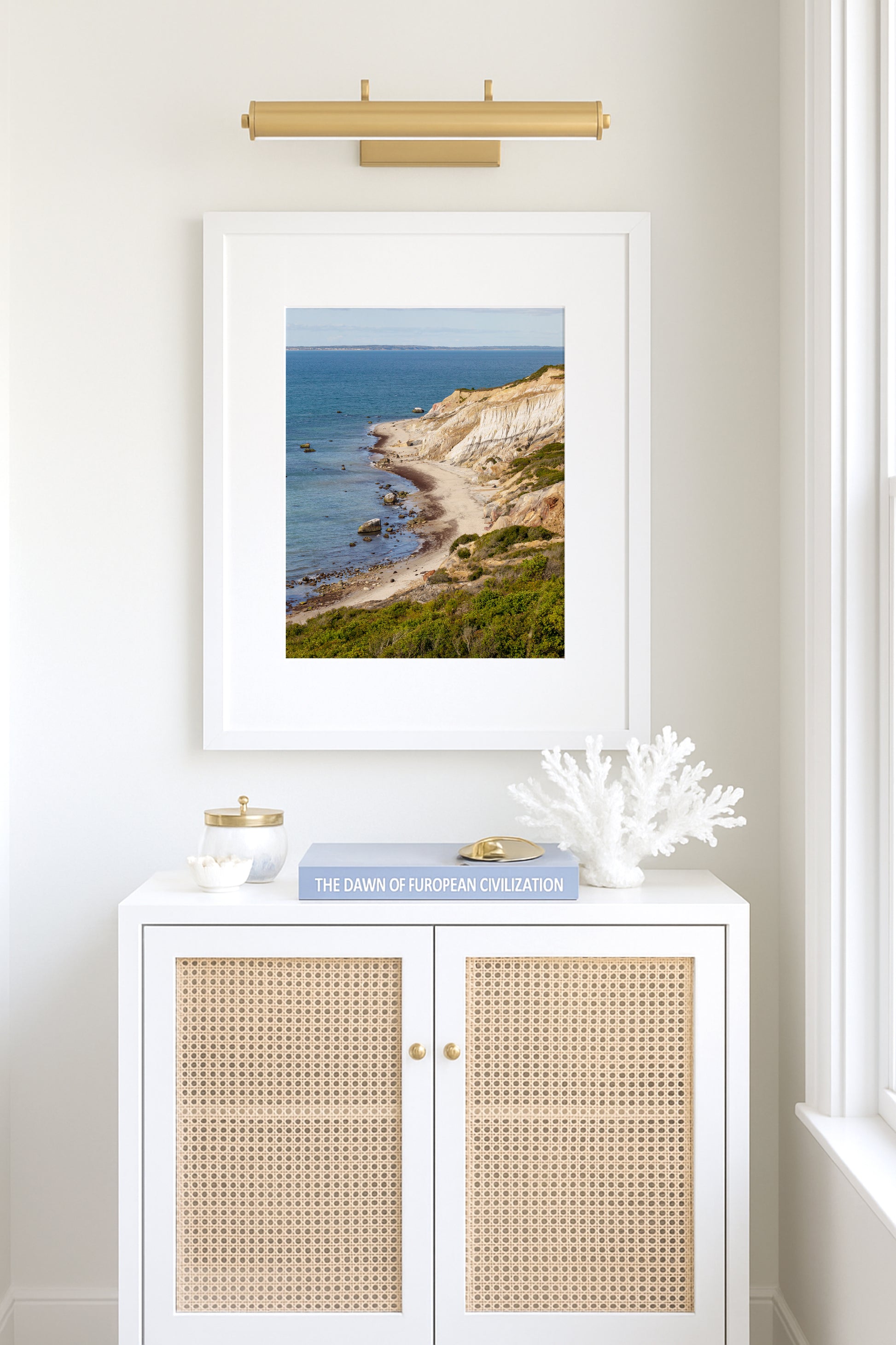 Aerial beach photography of the Aquinnah Cliffs in Aquinnah Massachusetts, showing a sweeping ocean seascape along the coastline of Martha’s Vineyard.