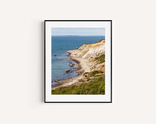 Aerial beach photography of the Aquinnah Cliffs in Aquinnah Massachusetts, showing a sweeping ocean seascape along the coastline of Martha’s Vineyard.