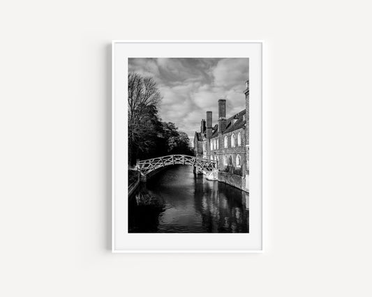 Black and white print of the Mathematical Bridge at the University of Cambridge.