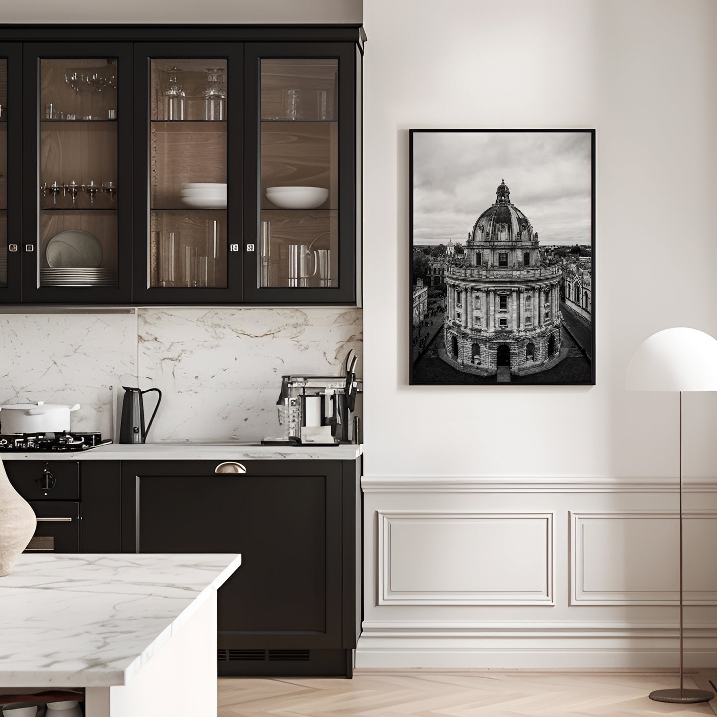 Black and white photography print of the Radcliffe Camera at Oxford University in England. Fine art architectural wall art featuring historic academic architecture.
