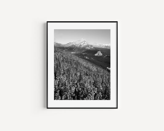 Black and white aerial landscape photograph of Banff National Park, featuring pine forest, rugged Canadian Rockies, and a serene mountain view.
