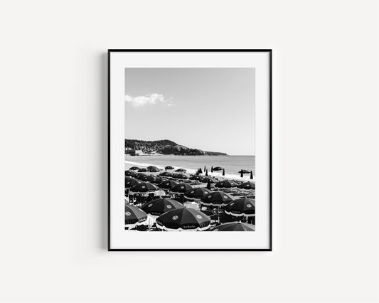 Black and White Beach Umbrellas French Riviera Print - Departures Print Shop