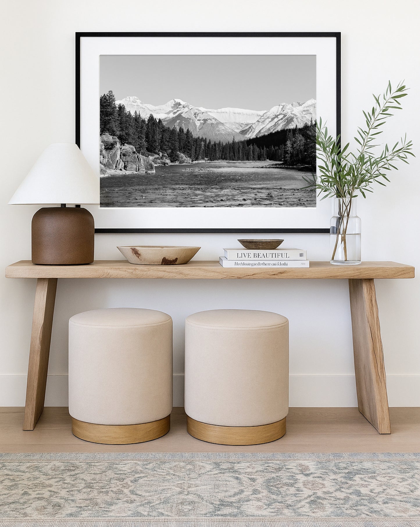 Black and white nature photography from Banff National Park featuring Bow Falls and the Canadian Rockies. Perfect for lodge or mountain house decor.