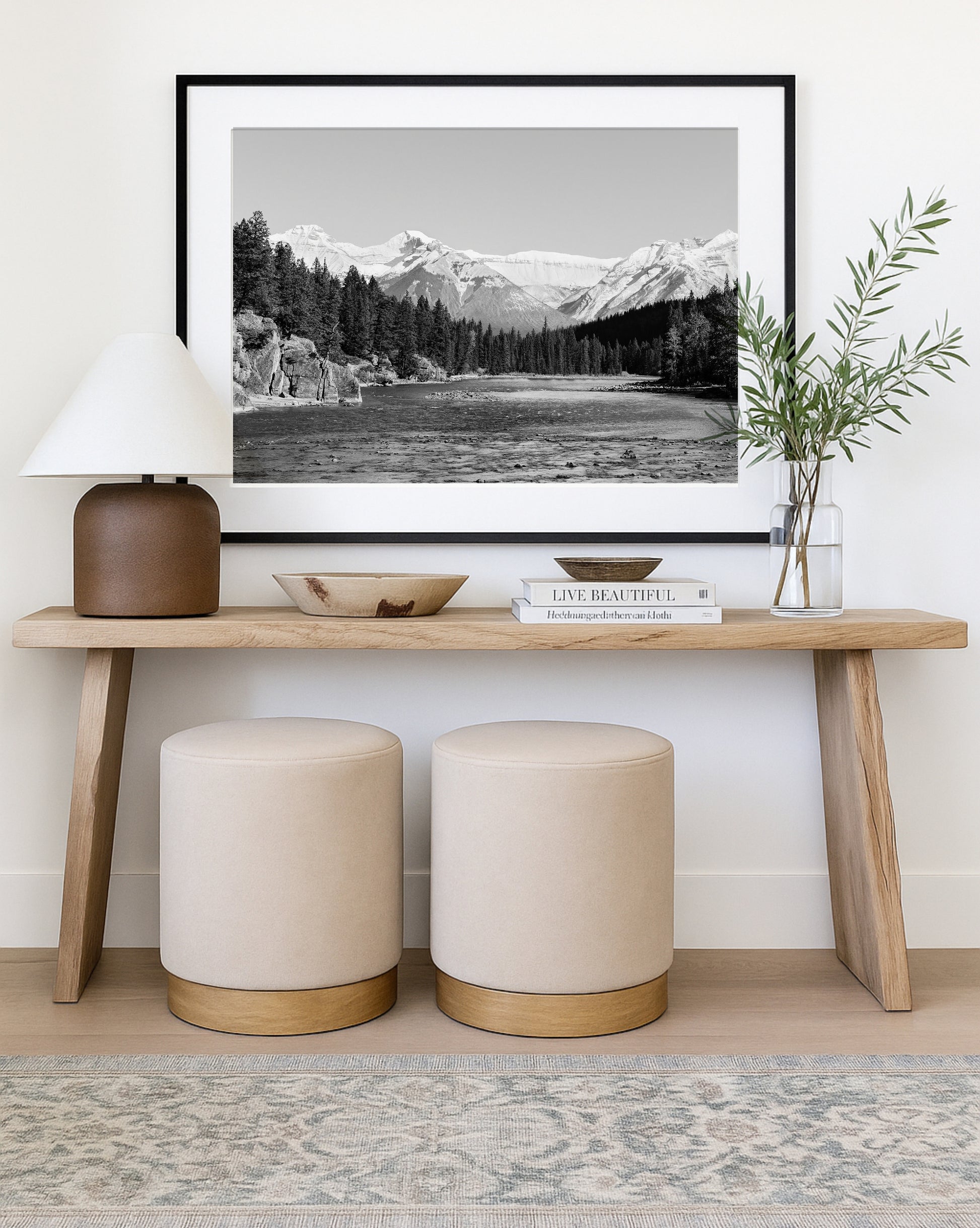 Black and white nature photography from Banff National Park featuring Bow Falls and the Canadian Rockies. Perfect for lodge or mountain house decor.