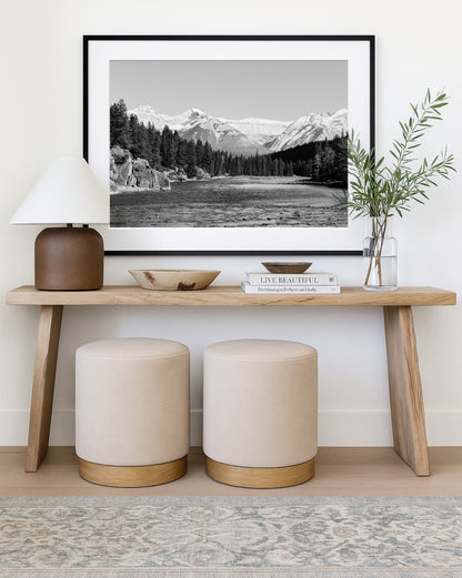 Black and white nature photography from Banff National Park featuring Bow Falls and the Canadian Rockies. Perfect for lodge or mountain house decor.
