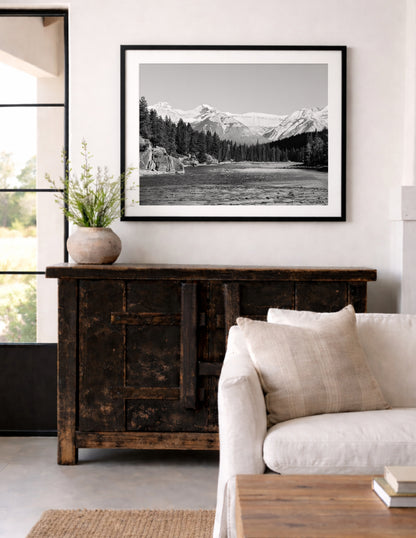 Black and white nature photography from Banff National Park featuring Bow Falls and the Canadian Rockies. Perfect for lodge or mountain house decor.