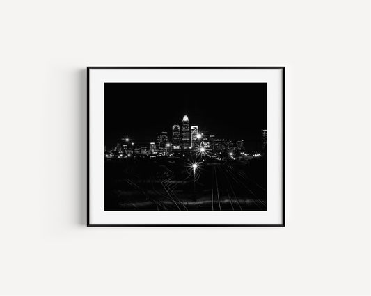 Black and White Charlotte Skyline at Night Print - Departures Print Shop