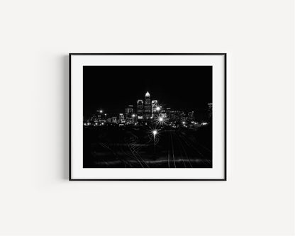 Black and White Charlotte Skyline at Night Print - Departures Print Shop