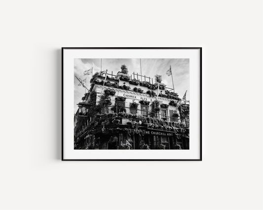 Black and White Churchill Arms Pub | London Photography Print - Departures Print Shop