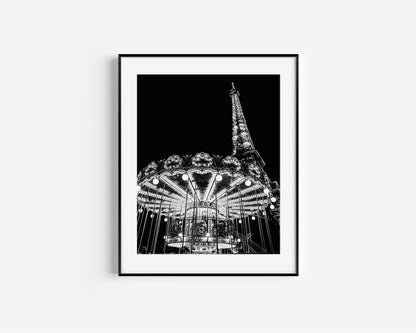 Black and White Eiffel Tower Carousel Paris Photography Print - Departures Print Shop