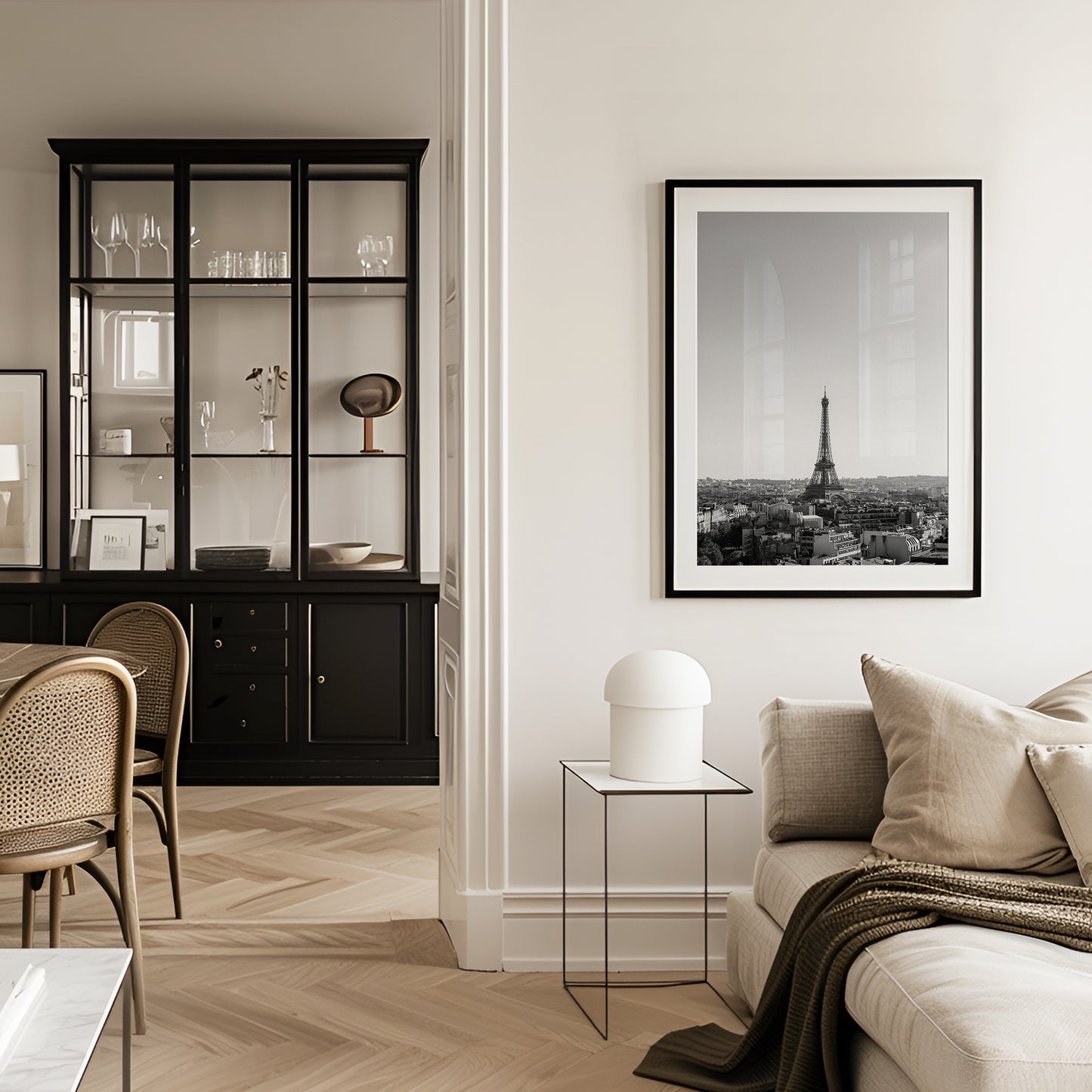 Black and white fine art photograph of the Eiffel Tower and Paris skyline shot from the top of the Arc de Triomphe — minimalist Paris wall art