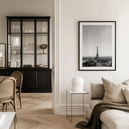 Black and white fine art photograph of the Eiffel Tower and Paris skyline shot from the top of the Arc de Triomphe — minimalist Paris wall art