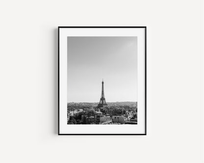 Black and white fine art photograph of the Eiffel Tower and Paris skyline shot from the top of the Arc de Triomphe — minimalist Paris wall art