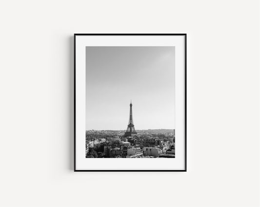 Black and white fine art photograph of the Eiffel Tower and Paris skyline shot from the top of the Arc de Triomphe — minimalist Paris wall art