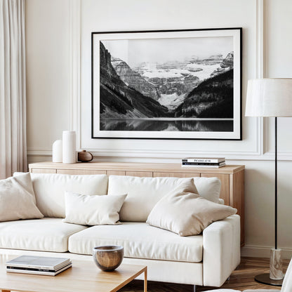 Black and white photo of Lake Louise in Banff National Park, Alberta Canada with mountains reflected in the Canadian Rockies