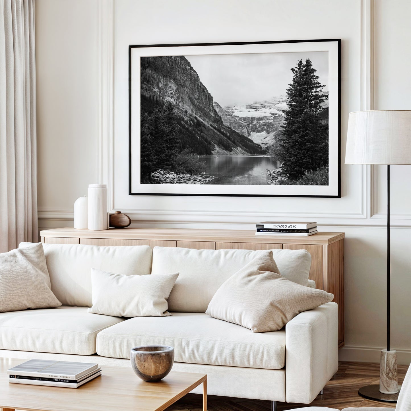 Black and white Lake Louise print in Banff National Park, Alberta Canada featuring a serene mountain lake in the Canadian Rockies