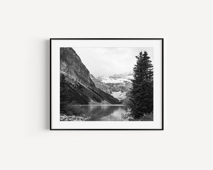Black and white Lake Louise print in Banff National Park, Alberta Canada featuring a serene mountain lake in the Canadian Rockies
