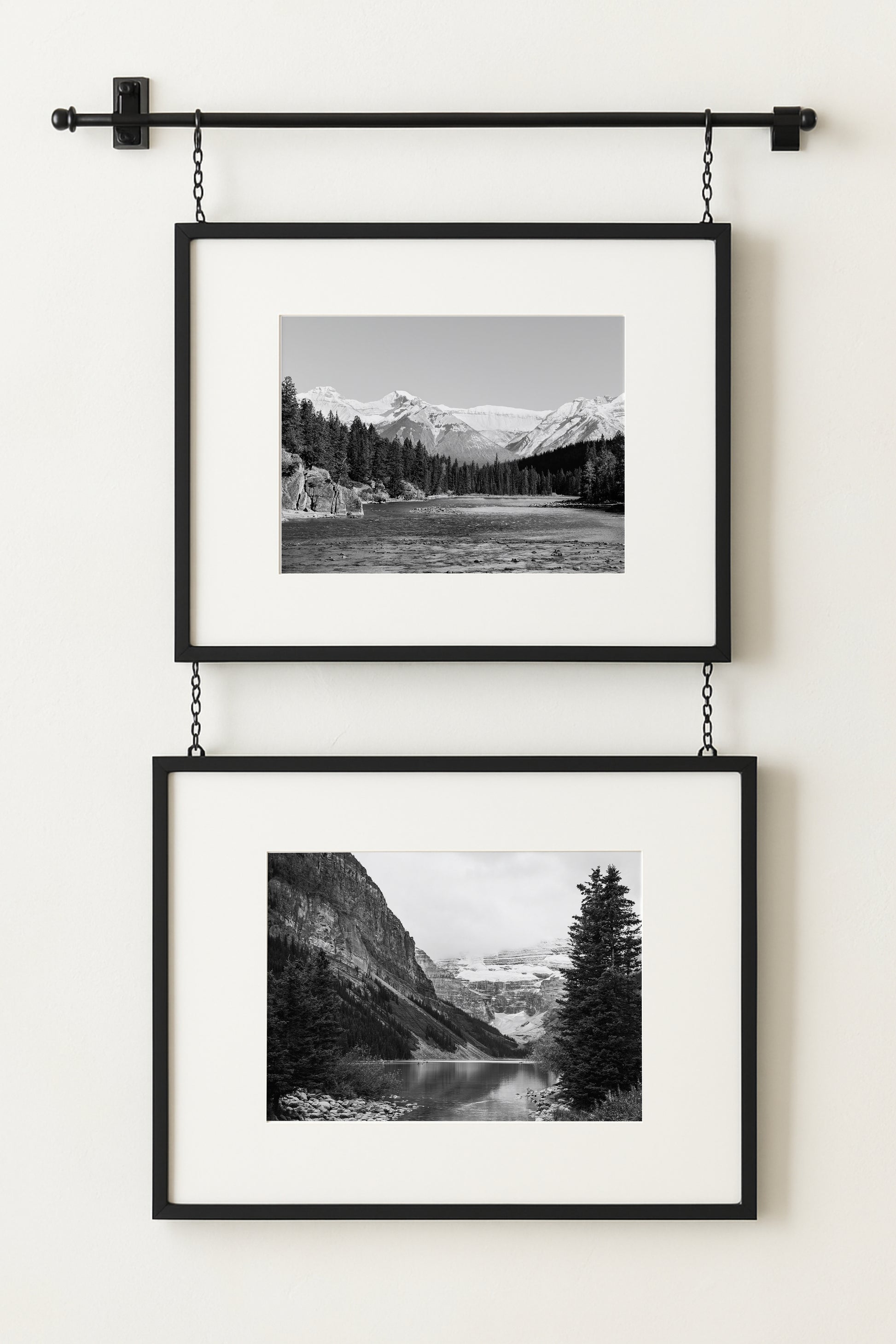 Black and white Lake Louise print in Banff National Park, Alberta Canada featuring a serene mountain lake in the Canadian Rockies