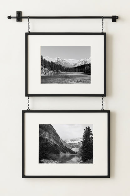 Black and white Lake Louise print in Banff National Park, Alberta Canada featuring a serene mountain lake in the Canadian Rockies
