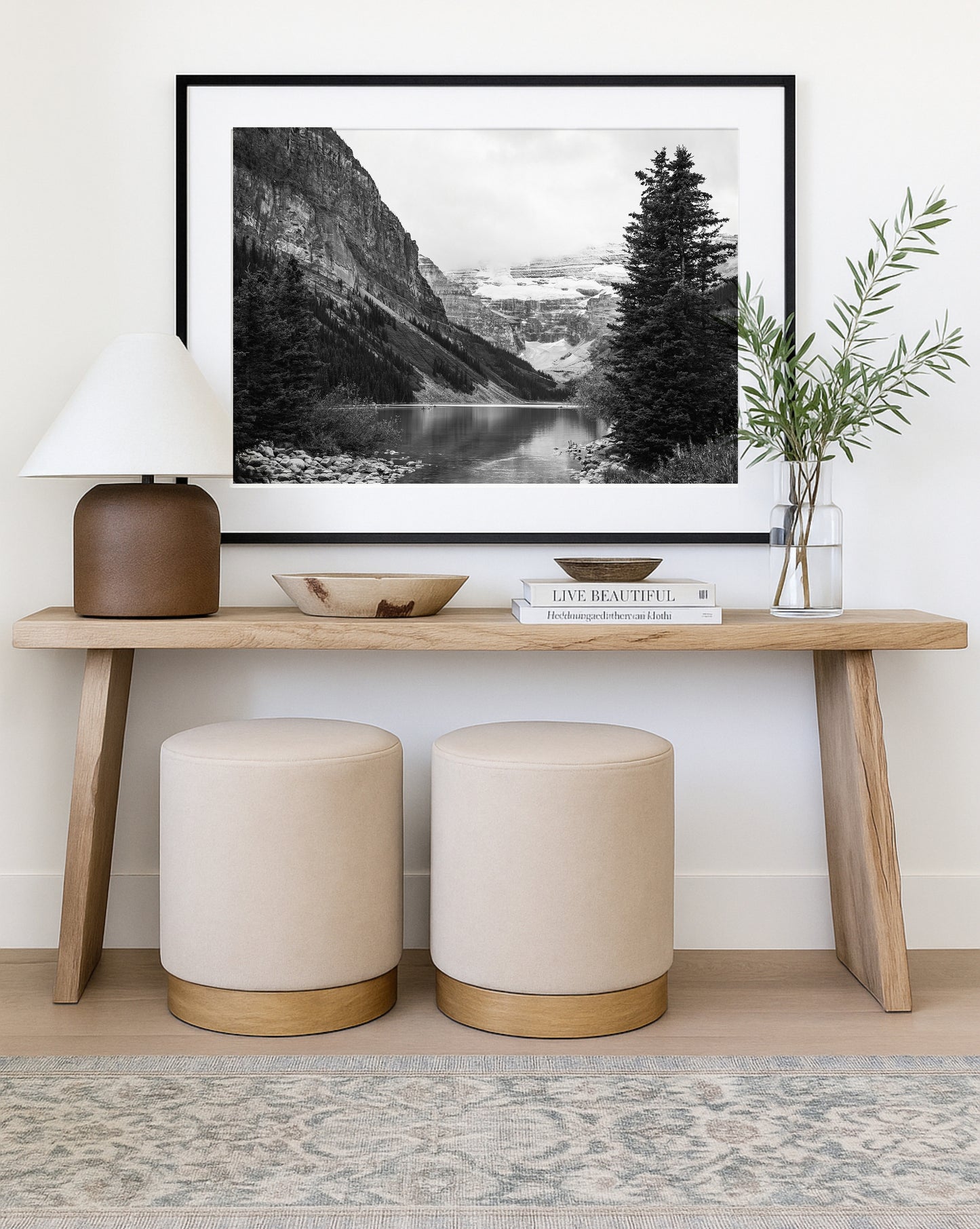 Black and white Lake Louise print in Banff National Park, Alberta Canada featuring a serene mountain lake in the Canadian Rockies