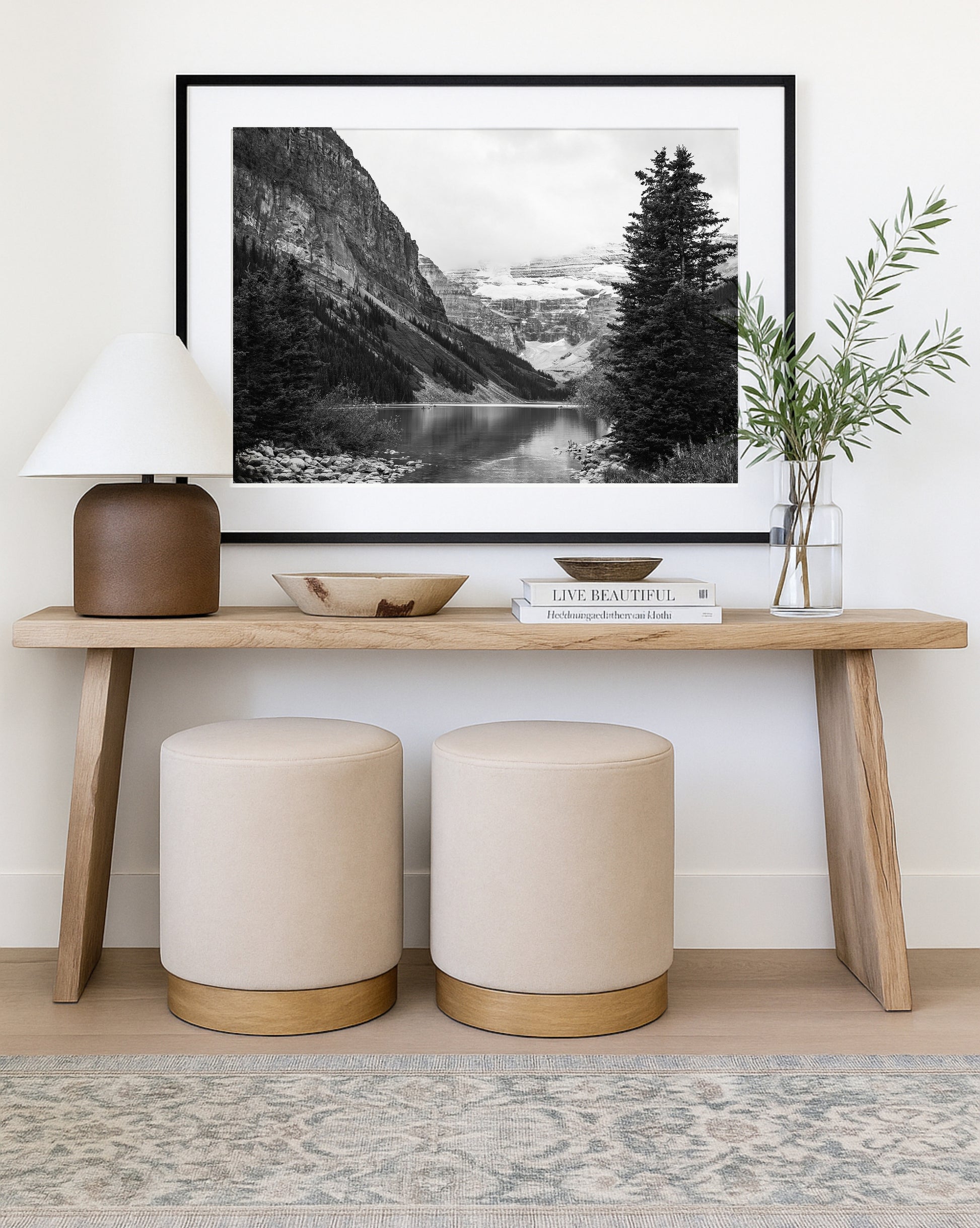 Black and white Lake Louise print in Banff National Park, Alberta Canada featuring a serene mountain lake in the Canadian Rockies