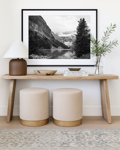Black and white Lake Louise print in Banff National Park, Alberta Canada featuring a serene mountain lake in the Canadian Rockies