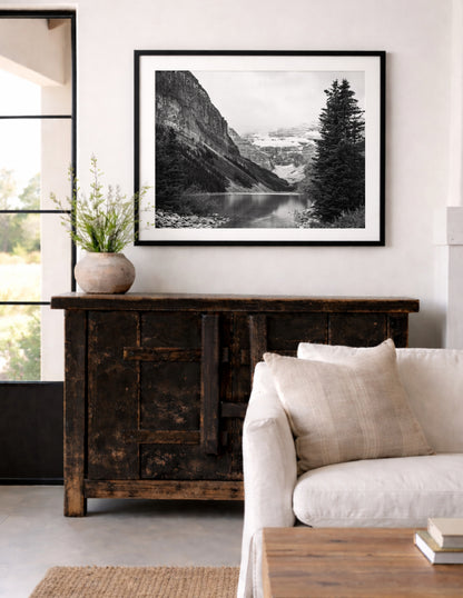 Black and white Lake Louise print in Banff National Park, Alberta Canada featuring a serene mountain lake in the Canadian Rockies
