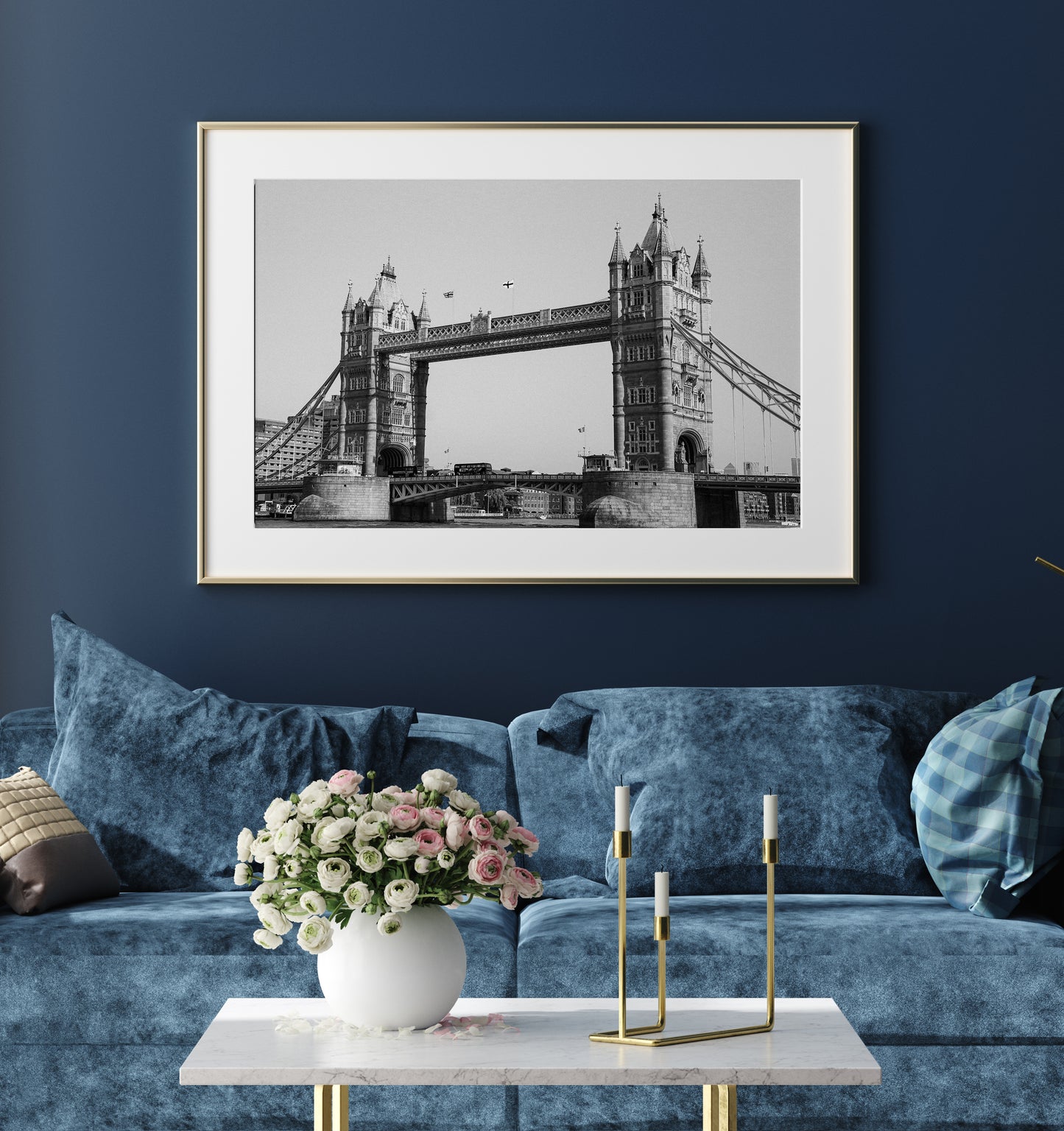Black and white Tower Bridge London print – architectural photo of european landmark over the River Thames.