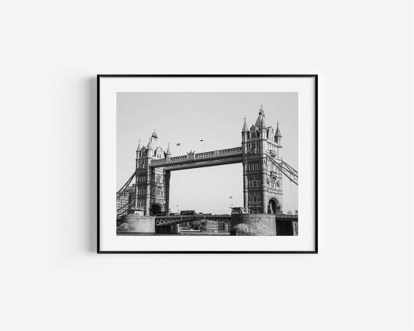 Black and white Tower Bridge London print – architectural photo of european landmark over the River Thames.