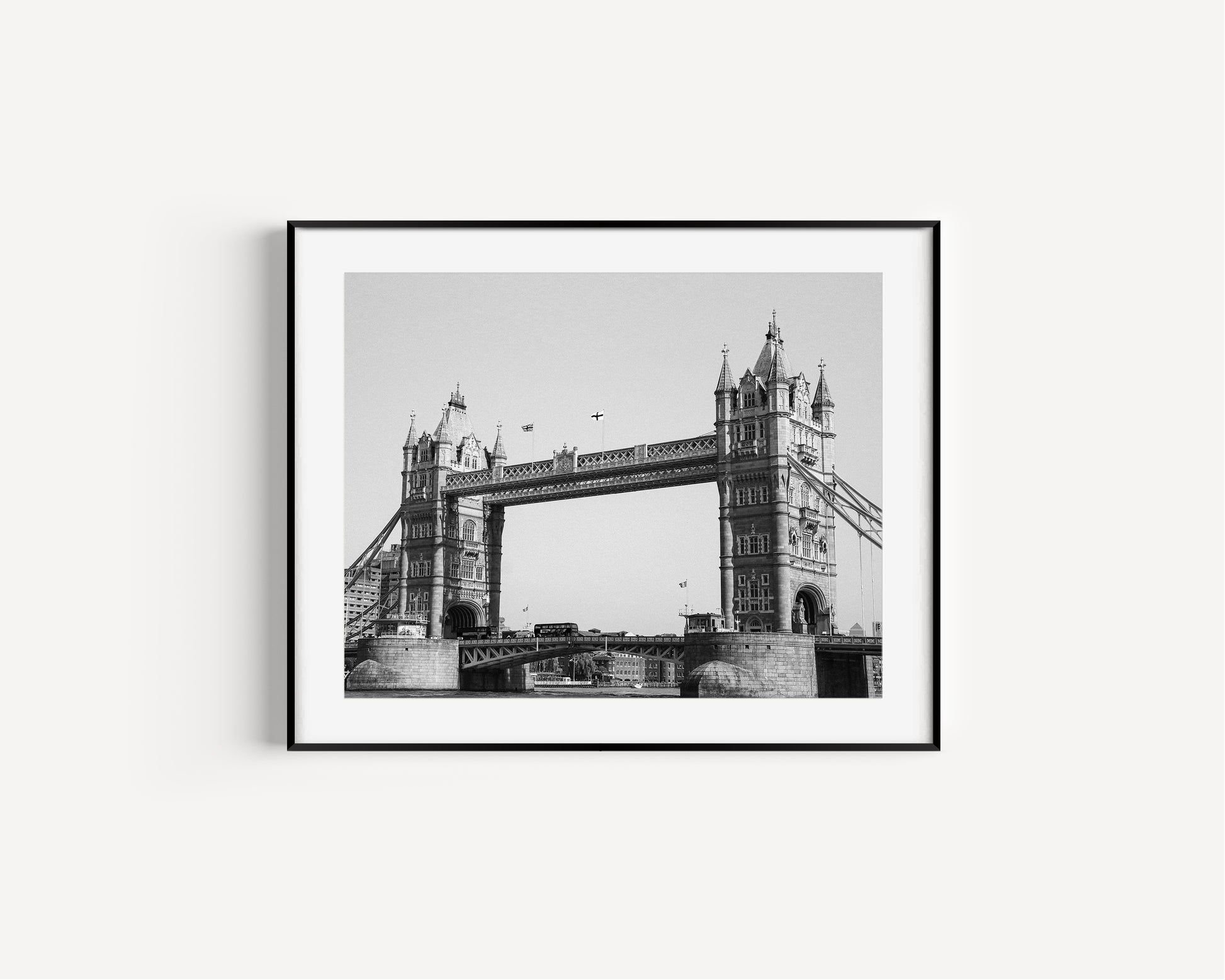 Black and white Tower Bridge London print – architectural photo of european landmark over the River Thames.