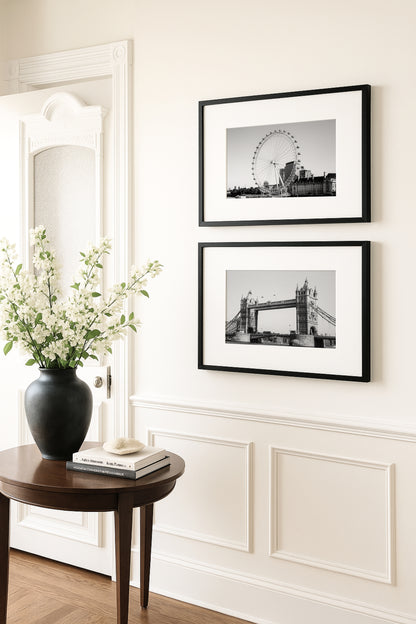 Black and white Tower Bridge London print – architectural photo of european landmark over the River Thames.