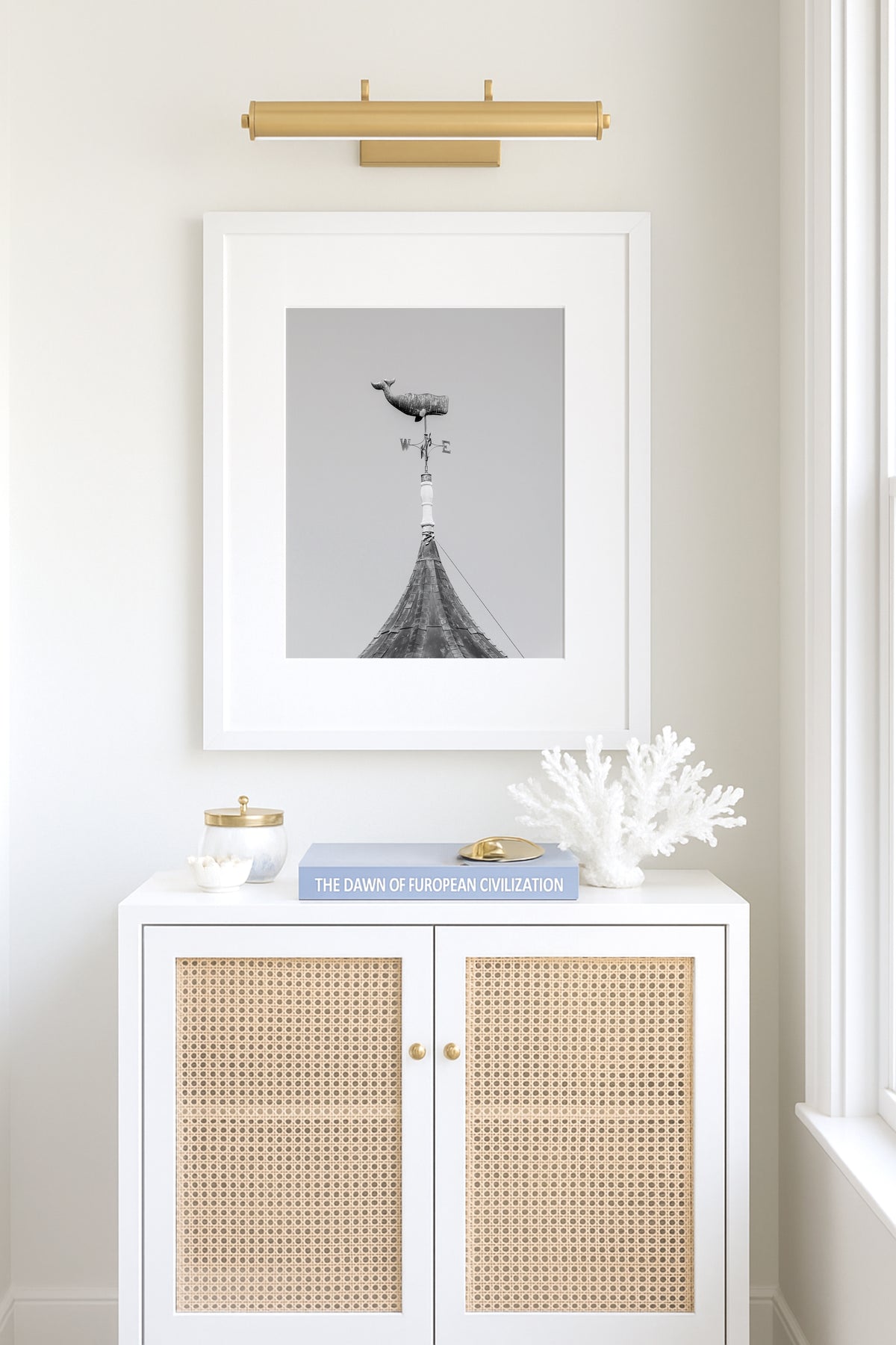 Whale weathervane black and white Martha’s Vineyard photography print, weathered nautical weathervane on rooftop against grey sky, New England coastal wall art for beach house, cottage, or living room