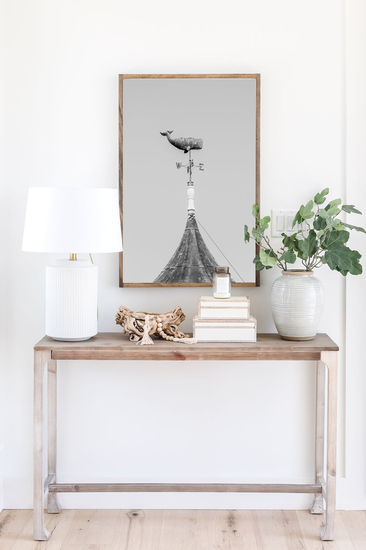 Whale weathervane black and white Martha’s Vineyard photography print, weathered nautical weathervane on rooftop against grey sky, New England coastal wall art for beach house, cottage, or living room